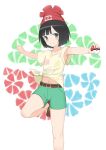  10s 1girl armpit belt black_hair child closed_mouth female_protagonist_(pokemon_sm) flat_chest hat holding looking_at_viewer navel poke_ball pokemon pokemon_(game) pokemon_sm shiny shiny_hair shoes short_hair smile standing_on_one_leg toshishikisai 