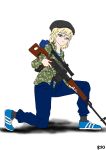  1girl absurdres adidas artist_request backpack blonde_hair blue_eyes calm camouflage dragunov_svd full_body gun hat highres military_uniform original rifle shoes simple_background sneakers sniper_rifle sniper_scope socks solo striped svd telnyashka track_pants white_background 