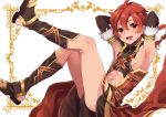  1boy abs alexander_(fate/grand_order) armpits arms_up blush braid elbow_gloves fate/grand_order fate_(series) fur fur_trim inari_(kimitama0902yahoocojp) knees_up long_hair looking_at_viewer male_focus midriff navel open_mouth red_eyes redhead sandals simple_background single_braid smile solo 