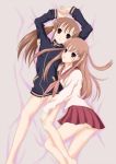  2girls atarashi_ako bare_legs barefoot bottomless female long_sleeves multiple_girls naked_track_jacket no_panties no_pants saki school_uniform skirt takakamo_shizuno uniform 