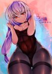  1girl absurdres bare_shoulders black_legwear breasts cleavage da_shou female fishnets from_below leotard long_hair looking_at_viewer original pantyhose purple_hair red_eyes solo standing thick_thighs thigh_gap wide_hips 