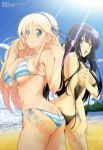  2girls ass bare_legs beach bikini black_hair blonde_hair breasts butt_crack female hair_ribbon ikaruga_(senran_kagura) katsuragi_(senran_kagura) large_breasts legs looking_at_viewer multiple_girls official_art scan senran_kagura senran_kagura_(series) shiny_skin sky smile standing swimsuit water 