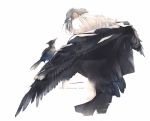 1boy animal bird collared_shirt dressing feathers from_behind grey_hair jacket male_focus original re_degrees_(red_flagship) shirt simple_background solo upper_body web_address white_background wings 