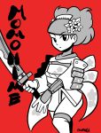 1girl character_request female flower monochrome oboro_muramasa plant simple_background solo sword tagme 