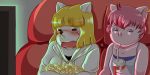  2girls artist_request blonde_hair cat closed_eyes crying dog female furry multiple_girls open_mouth pink_hair popcorn short_hair television upper_body 