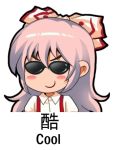  1girl blush blush_stickers eyebrows fujiwara_no_mokou glasses pink_hair shangguan_feiying simple_background smile solo text touhou upper_body white_background 