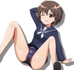  ahoge artist_request blush brave_witches brown_eyes brown_hair clenched_teeth dress hair_ornament hairclip highres karibuchi_hikari school_swimsuit school_uniform shoes short_hair simple_background sitting spread_legs swimsuit swimsuit_under_clothes wince world_witches_series 