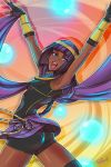  1girl aqua_eyes armpits arms_up ass bracer circlet commentary dark_skin eyeshadow fingerless_gloves gloves highres hime_cut looking_at_viewer makeup menat open_mouth purple_hair shawl signature sleeveless smile solo street_fighter street_fighter_v thigh-highs wallace_pires 