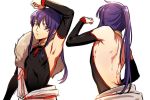  1boy arm_up armpits back bare_shoulders bridal_gauntlets ensemble_stars! from_behind fur japanese_clothes kanzaki_souma karochin_(kotnec3) long_hair looking_at_viewer male_focus multiple_views ponytail purple_hair solo traditional_clothes upper_body violet_eyes 