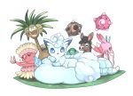  10s alola_form alolan_exeggutor alolan_vulpix fomantis full_body gumshoos lurantis minior minior_(shields_down) mudbray no_humans oricorio pokemon pokemon_sm simple_background solo tagme 