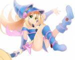  1girl bare_shoulders blonde_hair boots breasts cape dark_magician_girl duel_monster female green_eyes hat large_breasts long_hair magical_girl simple_background skirt smile white_background wizard_hat yu-gi-oh! 