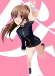  1girl bare_legs bottomless female full_body long_sleeves naked_track_jacket no_panties no_pants saki solo takakamo_shizuno 