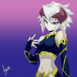  1girl bare_shoulders breasts bridal_gauntlets duel_monster horns isolde_belle_of_the_underworld midriff navel pointy_ears simple_background smile violet_eyes white_hair yu-gi-oh! 