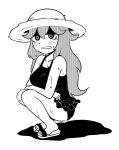  1girl breasts female full_body hat hex_maniac_(pokemon) monochrome npc_trainer nyaromeron pokemon simple_background solo squatting sunflower_hat swimsuit white_background 