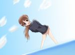  1girl bare_legs bottomless female gradient gradient_background long_sleeves naked_track_jacket no_panties no_pants outdoors saki sky solo takakamo_shizuno 