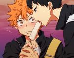  2boys black_hair blush character_request haikyuu!! male_focus multiple_boys open_mouth orange_hair popsicle sexually_suggestive sweat tongue tongue_out 