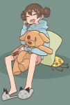  1girl k-on! phone pillow shorts sitting slippers solo stuffed_animal suzuki_jun tied_hair twintails yuuho 
