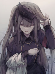  1girl absurdres armband blunt_bangs center-flap_bangs coat commentary_request cross gradient_background grey_hair hair_half_undone hand_in_own_hair hat highres indie_virtual_youtuber kaku_(kaku_skl) long_hair looking_down minai_karte nurse nurse_cap one_side_up open_mouth red_armband sleeve_cuffs solo undressing untying unworn_coat upper_body very_long_hair virtual_youtuber 