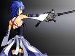  1girl aqua_(kingdom_hearts) ass back bare_shoulders bike_shorts blue_eyes blue_hair breasts corset detached_sleeves fingerless_gloves from_behind gloves keyblade kingdom_hearts kingdom_hearts_birth_by_sleep shiny shiny_clothes shiny_hair shiny_skin short_hair sideboob solo thigh-highs weapon yoshikura 