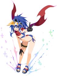  1girl bikini black_gloves blue_eyes blue_hair disgaea disgaea_rpg fang flat_chest full_body gloves hand_on_own_knee harada_takehito highres holster leaning_forward long_hair looking_at_viewer navel nippon_ichi_(neptunia) non-web_source official_art open_mouth outstretched_arm photoshop_(medium) red_scarf sandals scarf solo sparkle splashing strapless strapless_bikini swimsuit thigh_holster transparent_background v visor_cap 