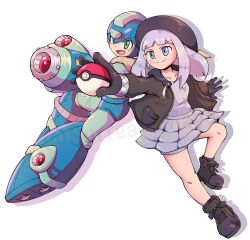  1boy 1girl arm_cannon black_footwear black_gloves black_hat black_jacket blue_eyes blue_helmet boots full_body gloves green_eyes grey_skirt hat helmet highres holding holding_poke_ball jacket mega_man_(character) mega_man_(classic) mega_man_(series) original poke_ball pokemon purple_shirt shirt simple_background skirt surrealmason twitter_username weapon white_background 