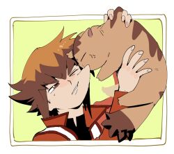  1boy anger_vein animal biting black_shirt brown_eyes cheek_biting cheek_pull duel_academy_uniform_(yu-gi-oh!_gx) fighting hair_between_eyes highres holding holding_animal jacket long_sleeves male_focus multicolored_hair pharaoh_(cat) portrait red_jacket shirt short_hair solo tawashipurin two-tone_hair yu-gi-oh! yu-gi-oh!_gx yuki_judai 