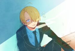  1boy against_wall ahoge black_necktie black_suit blonde_hair blue_eyes blue_shirt cigarette collared_shirt commentary curly_eyebrows hair_over_one_eye long_bangs looking_up mob0322 necktie one_piece sanji_(one_piece) shirt short_hair sitting striped_clothes suit symbol-only_commentary twitter_username 