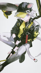  1girl animal_ears arknights backpack bag baseball_cap belt belt_buckle black_gloves black_pantyhose black_shorts buckle cat_ears cat_tail click_(arknights) closed_mouth dot_nose drone ears_through_headwear eyelashes fingerless_gloves fingernails foot_out_of_frame gloves gradient_pantyhose green_shirt grey_background grey_footwear hat highres holding holding_staff knees long_sleeves looking_at_viewer one_eye_covered open_belt outstretched_leg pantyhose reoen shirt shoes short_hair shorts simple_background sitting smile sneakers solo spray_can staff tail violet_eyes white_bag white_belt white_hair white_pantyhose 