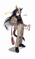  1girl absurdres ahoge alternate_costume animal_ears belt black_belt black_footwear black_shirt blonde_hair blue_eyes brown_hair brown_jacket brown_pants dog_lead dream_journey_(umamusume) eyewear_strap from_side full_body fuyukayui hair_between_eyes highres holding holding_leash horse_ears horse_girl jacket jewelry leash long_hair looking_at_viewer looking_to_the_side multicolored_hair necklace pants plaid_clothes plaid_jacket shirt simple_background solo streaked_hair umamusume white_background white_hair 