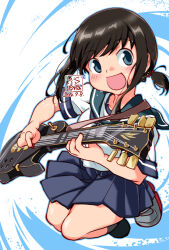  1girl artist_logo black_hair blue_eyes electric_guitar fubuki_(kancolle) guitar highres holding holding_guitar holding_instrument instrument jumping kantai_collection kutone_shirika low_ponytail medium_hair playing_guitar pleated_skirt plectrum ponytail sailor_collar sailor_shirt school_uniform serafuku shirt short_ponytail sidelocks skirt smile 