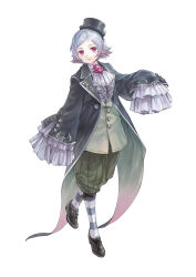  1boy absurdres ascot atelier_(series) atelier_rorona black_coat black_footwear black_hat brooch coat coattails frilled_sleeves frills full_body green_pants hand_up hat highres hom_(atelier) jewelry kishida_mel long_sleeves looking_at_viewer male_focus official_art open_mouth pants pantyhose pink_eyes pointy_ears purple_hair shirt shoes short_hair simple_background sleeves_past_fingers sleeves_past_wrists solo standing striped_clothes striped_pantyhose swept_bangs white_ascot white_background white_shirt wide_sleeves 