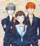  1girl 2boys brown_hair closed_eyes fruits_basket grey_eyes grey_hair hand_on_own_face hands_on_hips honda_tooru matching_hair/eyes multiple_boys necktie orange_eyes orange_hair sailor_collar school_uniform serafuku smile souma_kyou souma_yuki trio 