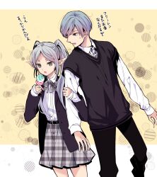  1boy 1girl :o alternate_costume belt black_belt black_jacket black_pants black_vest blue_hair bow bowtie collared_shirt frieren grey_bow grey_bowtie grey_hair grey_skirt highres himmel_(sousou_no_frieren) holding_ice jacket long_sleeves nanahachi_77889 open_clothes open_jacket pants parted_bangs plaid_bow plaid_bowtie plaid_clothes plaid_skirt pointy_ears school_uniform shirt short_hair skirt smile sousou_no_frieren translation_request twintails vest white_shirt 