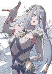  1girl absurdres azura_(fire_emblem) blue_hair elbow_gloves fingerless_gloves fire_emblem fire_emblem_fates gloves hair_between_eyes headdress highres long_hair looking_at_viewer open_mouth runteya solo very_long_hair water yellow_eyes 