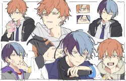  2boys ? aoyagi_touya arm_up black_hoodie blue_hair blue_necktie breast_pocket chain chain_earrings closed_eyes collared_shirt cropped_torso dayud11 drawstring drinking drinking_straw drinking_straw_in_mouth ear_piercing earrings food fruit grey_eyes hair_between_eyes hand_on_another&#039;s_face hand_on_own_chest head_tilt highres holding holding_microphone hood hood_down hoodie jewelry looking_ahead male_focus microphone mole mole_under_eye multicolored_clothes multicolored_hair multicolored_hoodie multiple_boys multiple_views necktie open_clothes open_hoodie orange_hair parted_lips piercing pocket project_sekai shinonome_akito shirt short_hair shouting sleeping split-color_hair strawberry strawberry_milk streaked_hair sweat sweatdrop white_background white_hoodie white_shirt wing_collar yellow_eyes 