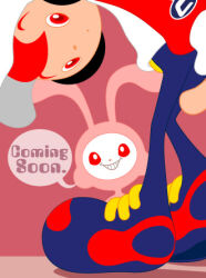  1boy 1girl amp_(cool_cool_toon) animal_ears baseball_cap black_headphones blue_footwear blue_pants bodysuit buttons child closed_mouth cool_cool_toon dot_nose english_text full_body gyoubu_ippei hat headphones leaning_forward looking_at_viewer lowres official_art pants pink_background pink_bodysuit print_sleeves rabbit rabbit_ears red_eyes red_pupils red_sleeves redhead shirt smile snk speech_bubble standing teeth third-party_source upper_body white_hat white_rabbit_(animal) white_shirt yusa 