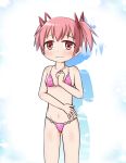  1girl bikini blush hair_ribbon kaname_madoka mahou_shoujo_madoka_magica pink_eyes pink_hair ribbon short_hair short_twintails solo swimsuit tsukishiro_aishi twintails 