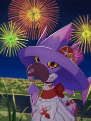  absurdres artist_name clothed_pokemon colored_sclera day fireworks grass hand_fan highres japanese_clothes kimono looking_at_viewer mismagius nakaraso_(xtns3483) night obi outdoors pokemon pokemon_(creature) print_kimono red_eyes red_sash sash solo white_kimono yellow_sclera 