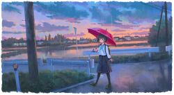  1girl black_hair black_skirt black_socks blue_eyes blue_neckerchief brown_footwear closed_mouth clouds cloudy_sky commentary_request feel_(nasitaki) guard_rail highres holding holding_umbrella long_sleeves neckerchief orange_sky original power_lines rain red_bag red_umbrella road road_sign sailor_collar school_uniform serafuku shirt short_hair sign skirt sky socks solo umbrella utility_pole white_shirt 