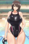  1girl black_swimsuit breasts brown_eyes brown_hair competition_swimsuit curvy female girls_und_panzer head_tilt huge_breasts looking_at_viewer nishizumi_maho older one-piece_swimsuit pool short_hair solo standing swimsuit thigh_gap thighs wide_hips yasumon 