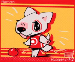  1other animal_ears animal_nose artist_name ball black_eyes bull_terrier bullseye_(target) chibi chibi_only commentary dog_ears dog_tail dress english_commentary furry jaltoid mascot other_focus pawpads personification red_dress red_theme shopping_cart signature tail target_(store) tongue tongue_out walking 