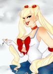  1girl adapted_costume bangs bishoujo_senshi_sailor_moon blonde_hair bow choker cigarette cleavage earrings forehead_mark gloves hand_on_hip lipstick long_hair pathesisx sailor_moon smile smoking solo tied_hair tsukino_usagi twintails victory_rolls white_gloves 