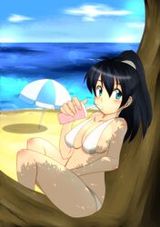  1girl bandai_namco beach bikini black_hair blue_eyes blush breasts cleavage clouds cup day drinking eyebrows ganaha_hibiki hair_ornament idolmaster long_hair looking_at_viewer mucchiri ponytail sand shadow shiny shiny_hair sideboob sitting sky solo straw swimsuit umbrella water white_bikini 