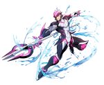  1boy armor azure_striker_gunvolt black_sclera helmet nimrod_(gunvolt) official_art pink_eyes pink_hair polearm trident water weapon 