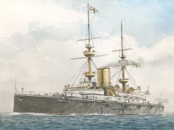  atelier_bono battleship cannon clouds flag highres hms_majestic_(1895) mast military_vehicle ocean original painting_(medium) royal_navy ship smokestack traditional_media turret vehicle_focus warship watercolor_(medium) watercraft 