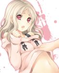  1girl assisted_exposure blonde_hair blush diabolik_lovers komori_yui navel open_mouth petite pink_eyes rejet reo_(0630) simple_background solo_focus stomach tears upper_body white_background 
