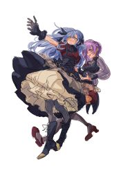  2girls bang_dream! bang_dream!_it&#039;s_mygo!!!!! black_corset black_footwear black_gloves black_pantyhose black_skirt blue_hair boots commentary corset floating_hair full_body gloves highres holding_hands kita_no_shinya long_hair multiple_girls open_mouth pantyhose purple_hair red_eyes red_shirt red_shorts shirt short_hair shorts simple_background skirt togawa_sakiko white_background yuutenji_nyamu 