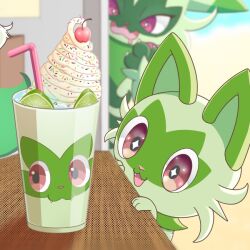  +_+ :d blurry blurry_background cat commentary_request drink drinking_straw drooling fangs floragato food fruit green_fur hachine_mituko ice_cream ice_cream_float lime_(fruit) lime_slice pokemon pokemon_(creature) print_cup red_eyes smile sprigatito sundae 