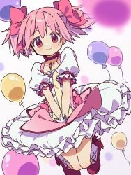  absurdres balloon bubble_skirt cosplay cross_tie dot_nose drill_hair hair_bun highres kaname_madoka kaname_madoka_(cosplay) kaname_madoka_(magical_girl) low-tied_sidelocks magia_record:_mahou_shoujo_madoka_magica_gaiden magical_girl mahou_shoujo_madoka_magica mahou_shoujo_madoka_magica_(anime) pink_eyes pink_gemstone pink_hair ruru_(rurumagi) short_twintails side_up_bun skirt soul_gem twintails 