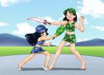  2girls barefoot baseball_cap black_hair blue_eyes camouflage feather multiple_girls sandals sleeveless sword tickling uniform 